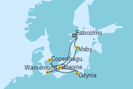 Visitando Estocolmo (Suecia), Copenhague (Dinamarca), Roenne (Dinamarca), Warnemunde (Alemania), Gdynia (Polonia), Roenne (Dinamarca), Visby (Suecia), Estocolmo (Suecia)