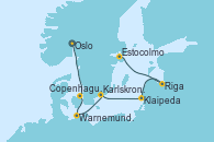 Visitando Oslo (Noruega), Copenhague (Dinamarca), Warnemunde (Alemania), Karlskrona (Suecia), Klaipeda (Lituania), Riga (Letonia), Estocolmo (Suecia)