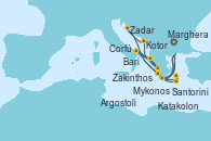 Visitando Marghera (Venecia/Italia), Bari (Italia), Mykonos (Grecia), Santorini (Grecia), Katakolon (Olimpia/Grecia), Marghera (Venecia/Italia), Bari (Italia), Corfú (Grecia), Zakinthos (Grecia), Argostoli (Grecia), Kotor (Montenegro), Zadar (Croacia), Marghera (Venecia/Italia)