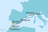 Visitando Valencia, Savona (Italia), Marsella (Francia), Tánger (Marruecos), Casablanca (Marruecos), Gibraltar (Inglaterra), Valencia
