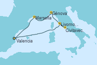 Visitando Valencia, Livorno, Pisa y Florencia (Italia), Civitavecchia (Roma), Génova (Italia), Marsella (Francia), Valencia
