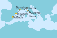Visitando Civitavecchia (Roma), Génova (Italia), Marsella (Francia), Tarragona (España), Valencia, Livorno, Pisa y Florencia (Italia), Civitavecchia (Roma)