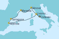 Visitando Civitavecchia (Roma), Génova (Italia), Marsella (Francia), Tarragona (España), Valencia, Livorno, Pisa y Florencia (Italia), Civitavecchia (Roma)