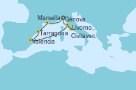 Visitando Génova (Italia), Marsella (Francia), Tarragona (España), Valencia, Livorno, Pisa y Florencia (Italia), Civitavecchia (Roma), Génova (Italia)