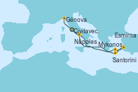 Visitando Civitavecchia (Roma), Mykonos (Grecia), Esmirna (Turquía), Santorini (Grecia), Nápoles (Italia), Civitavecchia (Roma), Génova (Italia)