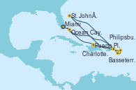 Visitando Miami (Florida/EEUU), Basseterre (Antillas), Philipsburg (St. Maarten), St. John´s (Antigua y Barbuda), Charlotte Amalie (St. Thomas), Puerto Plata, Republica Dominicana, Ocean Cay MSC Marine Reserve (Bahamas), Miami (Florida/EEUU)