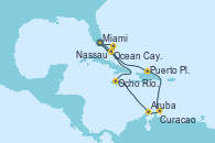 Visitando Miami (Florida/EEUU), Ocho Ríos (Jamaica), Aruba (Antillas), Curacao (Antillas), Puerto Plata, Republica Dominicana, Ocean Cay MSC Marine Reserve (Bahamas), Miami (Florida/EEUU), Ocean Cay MSC Marine Reserve (Bahamas), Nassau (Bahamas), Miami (Florida/EEUU)