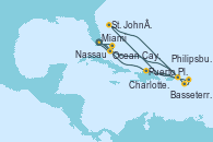 Visitando Miami (Florida/EEUU), Basseterre (Antillas), Philipsburg (St. Maarten), St. John´s (Antigua y Barbuda), Charlotte Amalie (St. Thomas), Puerto Plata, Republica Dominicana, Ocean Cay MSC Marine Reserve (Bahamas), Miami (Florida/EEUU), Ocean Cay MSC Marine Reserve (Bahamas), Nassau (Bahamas), Miami (Florida/EEUU)