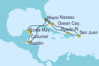Visitando Miami (Florida/EEUU), Ocean Cay MSC Marine Reserve (Bahamas), Nassau (Bahamas), San Juan (Puerto Rico), Puerto Plata, Republica Dominicana, Miami (Florida/EEUU), Costa Maya (México), Cozumel (México), Roatán (Honduras), Ocean Cay MSC Marine Reserve (Bahamas), Miami (Florida/EEUU)