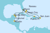 Visitando Miami (Florida/EEUU), Costa Maya (México), Cozumel (México), Roatán (Honduras), Ocean Cay MSC Marine Reserve (Bahamas), Miami (Florida/EEUU), Ocean Cay MSC Marine Reserve (Bahamas), Nassau (Bahamas), San Juan (Puerto Rico), Puerto Plata, Republica Dominicana, Miami (Florida/EEUU)