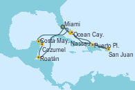 Visitando Miami (Florida/EEUU), Ocean Cay MSC Marine Reserve (Bahamas), Puerto Plata, Republica Dominicana, San Juan (Puerto Rico), Nassau (Bahamas), Miami (Florida/EEUU), Costa Maya (México), Cozumel (México), Roatán (Honduras), Ocean Cay MSC Marine Reserve (Bahamas), Miami (Florida/EEUU)