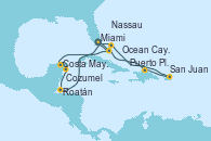 Visitando Miami (Florida/EEUU), Costa Maya (México), Cozumel (México), Roatán (Honduras), Ocean Cay MSC Marine Reserve (Bahamas), Miami (Florida/EEUU), Ocean Cay MSC Marine Reserve (Bahamas), Puerto Plata, Republica Dominicana, San Juan (Puerto Rico), Nassau (Bahamas), Miami (Florida/EEUU)