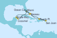 Visitando Miami (Florida/EEUU), Ocean Cay MSC Marine Reserve (Bahamas), Puerto Plata, Republica Dominicana, San Juan (Puerto Rico), Nassau (Bahamas), Miami (Florida/EEUU), Costa Maya (México), Cozumel (México), Nassau (Bahamas), Ocean Cay MSC Marine Reserve (Bahamas), Miami (Florida/EEUU)