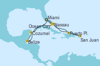 Visitando Miami (Florida/EEUU), Ocean Cay MSC Marine Reserve (Bahamas), Puerto Plata, Republica Dominicana, San Juan (Puerto Rico), Nassau (Bahamas), Miami (Florida/EEUU), Belize (Caribe), Cozumel (México), Nassau (Bahamas), Ocean Cay MSC Marine Reserve (Bahamas), Miami (Florida/EEUU)