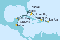 Visitando Miami (Florida/EEUU), Ocean Cay MSC Marine Reserve (Bahamas), Cozumel (México), Belize (Caribe), Costa Maya (México), Miami (Florida/EEUU), Ocean Cay MSC Marine Reserve (Bahamas), Puerto Plata, Republica Dominicana, San Juan (Puerto Rico), Nassau (Bahamas), Miami (Florida/EEUU)