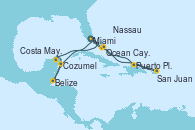 Visitando Miami (Florida/EEUU), Ocean Cay MSC Marine Reserve (Bahamas), Puerto Plata, Republica Dominicana, San Juan (Puerto Rico), Nassau (Bahamas), Miami (Florida/EEUU), Ocean Cay MSC Marine Reserve (Bahamas), Cozumel (México), Belize (Caribe), Costa Maya (México), Miami (Florida/EEUU)