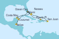 Visitando Miami (Florida/EEUU), Ocean Cay MSC Marine Reserve (Bahamas), Nassau (Bahamas), San Juan (Puerto Rico), Puerto Plata, Republica Dominicana, Miami (Florida/EEUU), Ocean Cay MSC Marine Reserve (Bahamas), Cozumel (México), Belize (Caribe), Costa Maya (México), Miami (Florida/EEUU)
