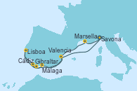 Visitando Savona (Italia), Marsella (Francia), Gibraltar (Inglaterra), Lisboa (Portugal), Cádiz (España), Málaga, Valencia, Savona (Italia)