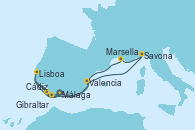 Visitando Málaga, Cádiz (España), Lisboa (Portugal), Gibraltar (Inglaterra), Valencia, Savona (Italia), Marsella (Francia), Gibraltar (Inglaterra), Lisboa (Portugal), Cádiz (España), Málaga