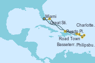 Visitando Miami (Florida/EEUU), Puerto Plata, Republica Dominicana, Road Town (Isla Tórtola/Islas Vírgenes), Philipsburg (St. Maarten), Basseterre (Antillas), Charlotte Amalie (St. Thomas), Great Stirrup Cay (Bahamas), Miami (Florida/EEUU)