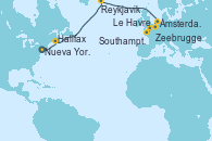 Visitando Nueva York (Estados Unidos), Halifax (Canadá), Reykjavik (Islandia), Reykjavik (Islandia), Ámsterdam (Holanda), Zeebrugge (Bruselas), Le Havre (Francia), Southampton (Inglaterra)
