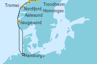 Visitando Hamburgo (Alemania), Haugesund (Noruega), Nordfjordeid, Trondheim (Noruega), Honningsvag (Noruega), Honningsvag (Noruega), Tromso (Noruega), Aalesund (Noruega), Hamburgo (Alemania)