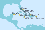 Visitando Miami (Florida/EEUU), Puerto Plata, Republica Dominicana, San Juan (Puerto Rico), Ocean Cay MSC Marine Reserve (Bahamas), Miami (Florida/EEUU), Ocho Ríos (Jamaica), Gran Caimán (Islas Caimán), Cozumel (México), Ocean Cay MSC Marine Reserve (Bahamas), Miami (Florida/EEUU)