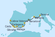 Visitando Barcelona, Marsella (Francia), Savona (Italia), Marsella (Francia), Málaga, Gibraltar (Inglaterra), Cádiz (España), Lisboa (Portugal), Cartagena (Murcia), Valencia