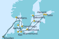 Visitando Ijmuiden (Ámsterdam), Kristiansand (Noruega), Aarhus (Dinamarca), Warnemunde (Alemania), Tallin (Estonia), Helsinki (Finlandia), Estocolmo (Suecia), Visby (Suecia), Bornholm (Dinamarca), Kiel (Alemania), Copenhague (Dinamarca), Ijmuiden (Ámsterdam)