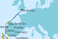 Visitando Southampton (Inglaterra), Lisboa (Portugal), Cádiz (España), Casablanca (Marruecos), Funchal (Madeira), Santa Cruz de Tenerife (España), Las Palmas de Gran Canaria (España), Arrecife (Lanzarote/España), Vigo (España), Southampton (Inglaterra)