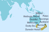 Visitando Auckland (Nueva Zelanda), Tauranga (Nueva Zelanda), Napier (Nueva Zelanda), Picton (Australia), Wellington (Nueva Zelanda), Dunedin (Nueva Zelanda), Milfjord Sound (Nueva Zelanda), Dusky Sound (Nueva Zelanda), Doubtful Sound (Nueva Zelanda), Hobart (Australia), Burnie (Tasmania/Australia), Melbourne (Australia)