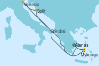 Visitando Atenas (Grecia), Split (Croacia), Venecia (Italia), Brindisi (Italia), Mykonos (Grecia), Atenas (Grecia)