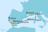 Visitando Lisboa (Portugal), Alicante (España), Mahón (Menorca/España), Olbia (Cerdeña), Génova (Italia), Marsella (Francia), Málaga, Cádiz (España), Lisboa (Portugal)