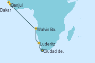 Visitando Ciudad del Cabo (Sudáfrica), Luderitz (Namibia), Walvis Bay (Namibia), Walvis Bay (Namibia), Jamestown (Santa Elena), Banjul (Gambia), Dakar (Senegal), Las Palmas de Gran Canaria (España)