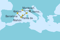 Visitando Civitavecchia (Roma), Livorno, Pisa y Florencia (Italia), Livorno, Pisa y Florencia (Italia), Montecarlo (Mónaco), Ajaccio (Córcega), Mahón (Menorca/España), Palma de Mallorca (España), Barcelona