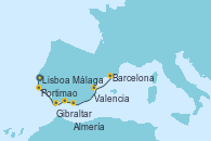 Visitando Lisboa (Portugal), Portimao (Portugal), Gibraltar (Inglaterra), Málaga, Almería (España), Cartagena (Murcia), Valencia, Barcelona