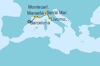 Visitando Barcelona, Marsella (Francia), Montecarlo (Mónaco), Santa Margarita (Italia), Livorno, Pisa y Florencia (Italia), Livorno, Pisa y Florencia (Italia), Civitavecchia (Roma)