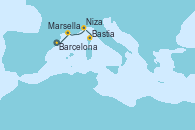 Visitando Barcelona, Puerto Vendres (Francia), Sete (Francia), Marsella (Francia), Saint Tropez (Francia), Niza (Francia), Bastia (Córcega), Civitavecchia (Roma)