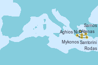Visitando Atenas (Grecia), Santorini (Grecia), Aghios Nikolaos (Grecia), Rodas (Grecia), Kusadasi (Efeso/Turquía), Kusadasi (Efeso/Turquía), Samos (Grecia), Mykonos (Grecia), Atenas (Grecia)