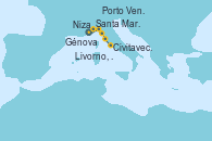 Visitando Niza (Francia), Génova (Italia), Santa Margarita (Italia), Porto Venere (Italia), Livorno, Pisa y Florencia (Italia), Livorno, Pisa y Florencia (Italia), Civitavecchia (Roma)
