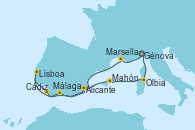 Visitando Génova (Italia), Marsella (Francia), Málaga, Cádiz (España), Lisboa (Portugal), Alicante (España), Mahón (Menorca/España), Olbia (Cerdeña), Génova (Italia)