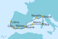 Visitando Olbia (Cerdeña), Génova (Italia), Marsella (Francia), Málaga, Cádiz (España), Lisboa (Portugal), Alicante (España), Mahón (Menorca/España), Olbia (Cerdeña)