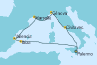 Visitando Palermo (Italia), Ibiza (España), Valencia, Marsella (Francia), Génova (Italia), Civitavecchia (Roma), Palermo (Italia)