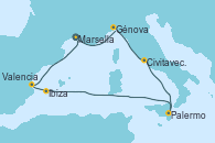 Visitando Marsella (Francia), Génova (Italia), Civitavecchia (Roma), Palermo (Italia), Ibiza (España), Valencia, Marsella (Francia)