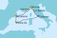 Visitando Civitavecchia (Roma), Palma de Mallorca (España), Barcelona, Cannes (Francia), Génova (Italia), La Spezia, Florencia y Pisa (Italia), Civitavecchia (Roma)