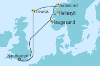Visitando Southampton (Inglaterra), Lerwick (Escocia), Aalesund (Noruega), Hellesylt (Noruega), Haugesund (Noruega), Southampton (Inglaterra)