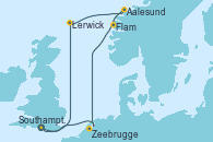 Visitando Southampton (Inglaterra), Lerwick (Escocia), Aalesund (Noruega), Flam (Noruega), Zeebrugge (Bruselas), Southampton (Inglaterra)
