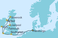 Visitando Hamburgo (Alemania), Southampton (Inglaterra), Cork (Irlanda), Belfast (Irlanda), Greenock (Escocia), Liverpool (Reino Unido), Falmouth (Gran Bretaña), Hamburgo (Alemania)