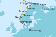 Visitando Hamburgo (Alemania), Stavanger (Noruega), Aalesund (Noruega), Longyearbyen (Noruega), Honningsvag (Noruega), Honningsvag (Noruega), Hammerfest (Noruega), Tromso (Noruega), Leknes (Noruega), Bergen (Noruega), Hamburgo (Alemania)