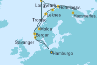 Visitando Hamburgo (Alemania), Bergen (Noruega), Molde (Noruega), Longyearbyen (Noruega), Honningsvag (Noruega), Honningsvag (Noruega), Hammerfest (Noruega), Tromso (Noruega), Leknes (Noruega), Stavanger (Noruega), Hamburgo (Alemania)